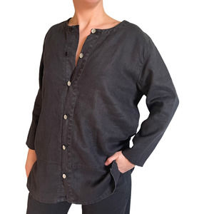 L.L. Bean Linen Button Up Long Sleeve Vintage Tunic in Solid Black size Medium